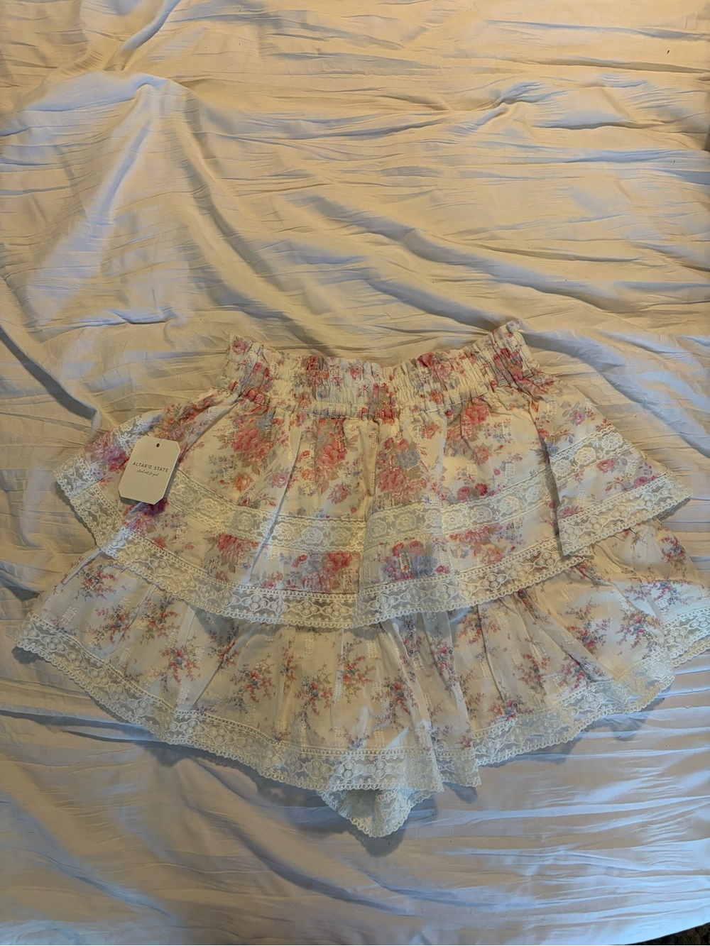Altar'd State White Tiered Mini Skirt with Pink Floral